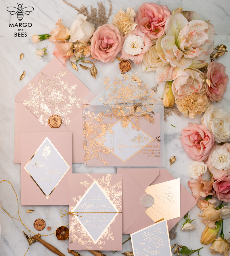 Luxory gold Wedding Invitations,  Vinatge Roses Elegant Wedding Stationery,  Pink Elegant Wedding Invitations Suite-6