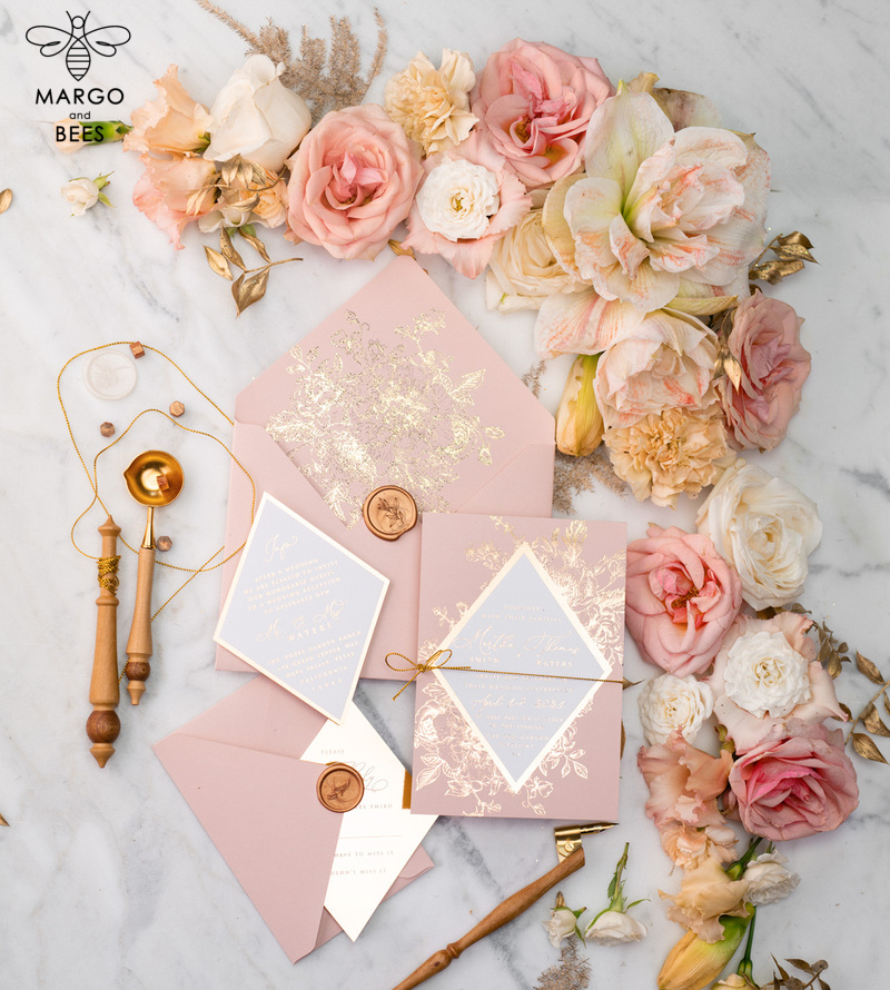 Luxory gold Wedding Invitations,  Vinatge Roses Elegant Wedding Stationery,  Pink Elegant Wedding Invitations Suite-9