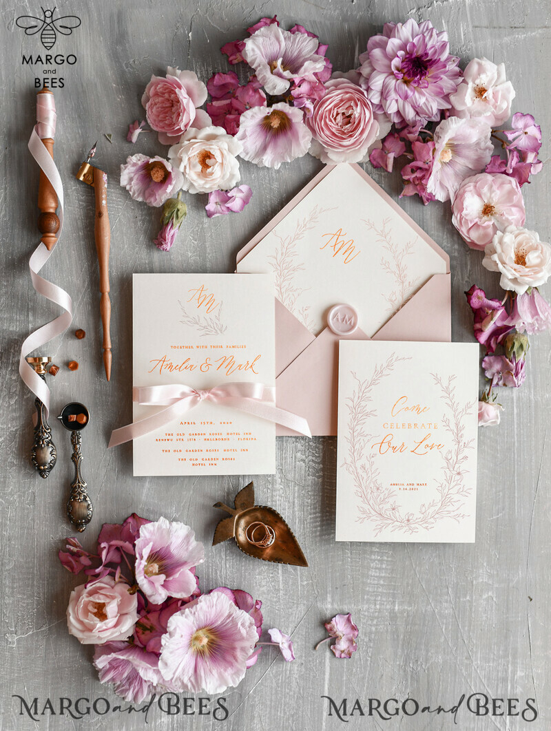 Minimalistic Blush Pink Wedding Invitations, Glamour Gold Foil Wedding Invites, Luxury Golden Shine Wedding Cards, Romantic Floral Wedding Invitation Suite-1