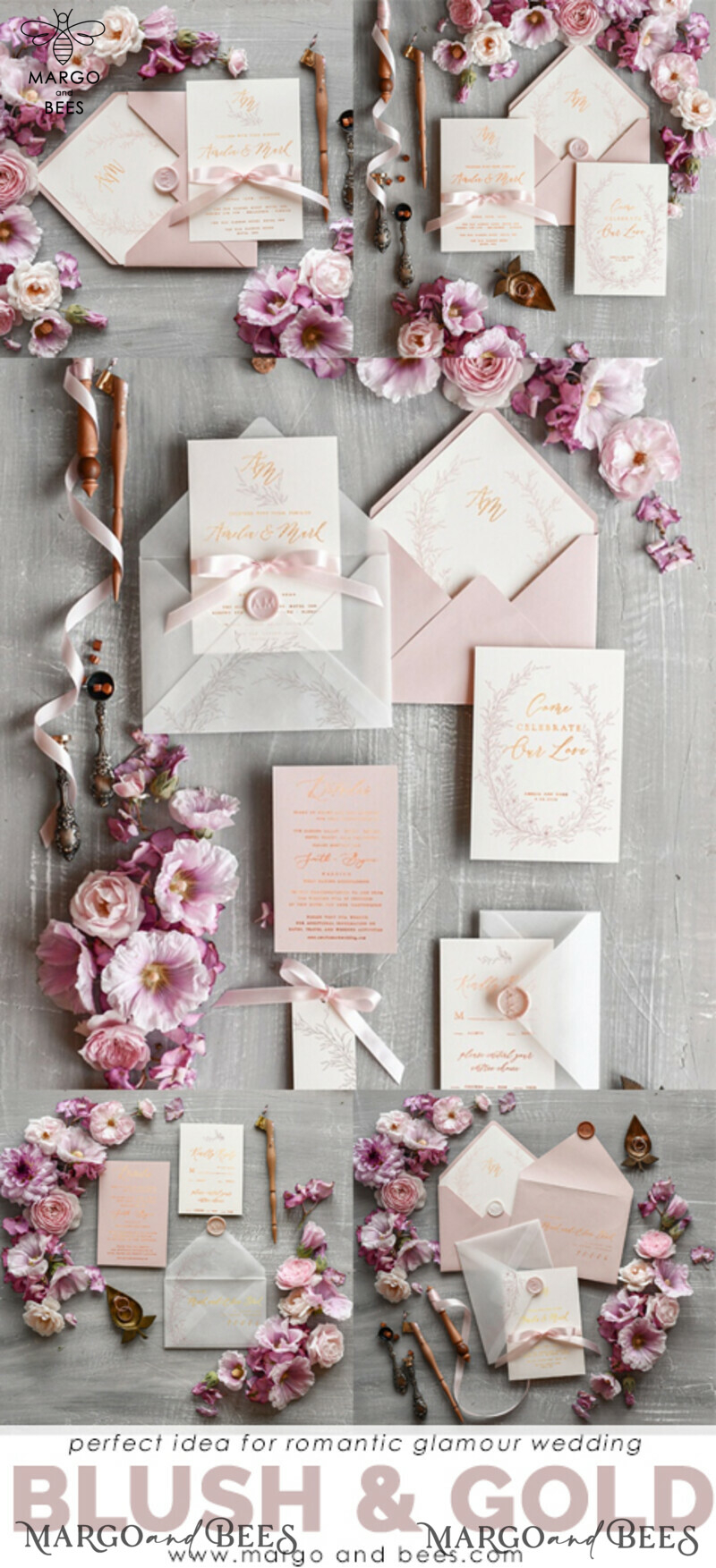 Elegant wedding invitation Suite, Floral Gold Wedding Cards, gold Pink Wedding Invites with Bow-2