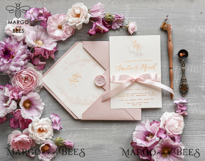 Minimalistic Blush Pink Wedding Invitations, Glamour Gold Foil Wedding Invites, Luxury Golden Shine Wedding Cards, Romantic Floral Wedding Invitation Suite-3