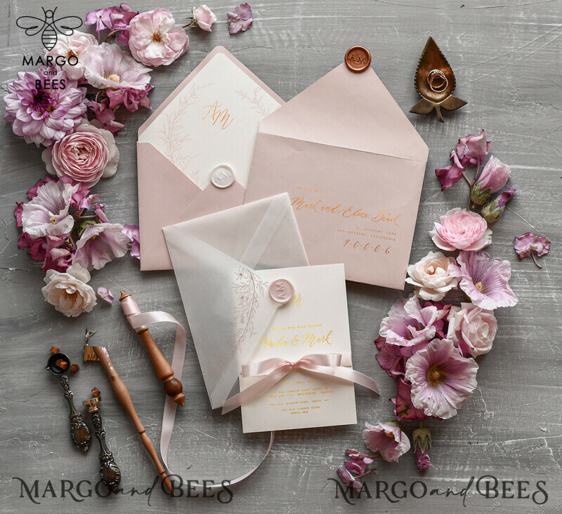 Minimalistic Blush Pink Wedding Invitations, Glamour Gold Foil Wedding Invites, Luxury Golden Shine Wedding Cards, Romantic Floral Wedding Invitation Suite-4