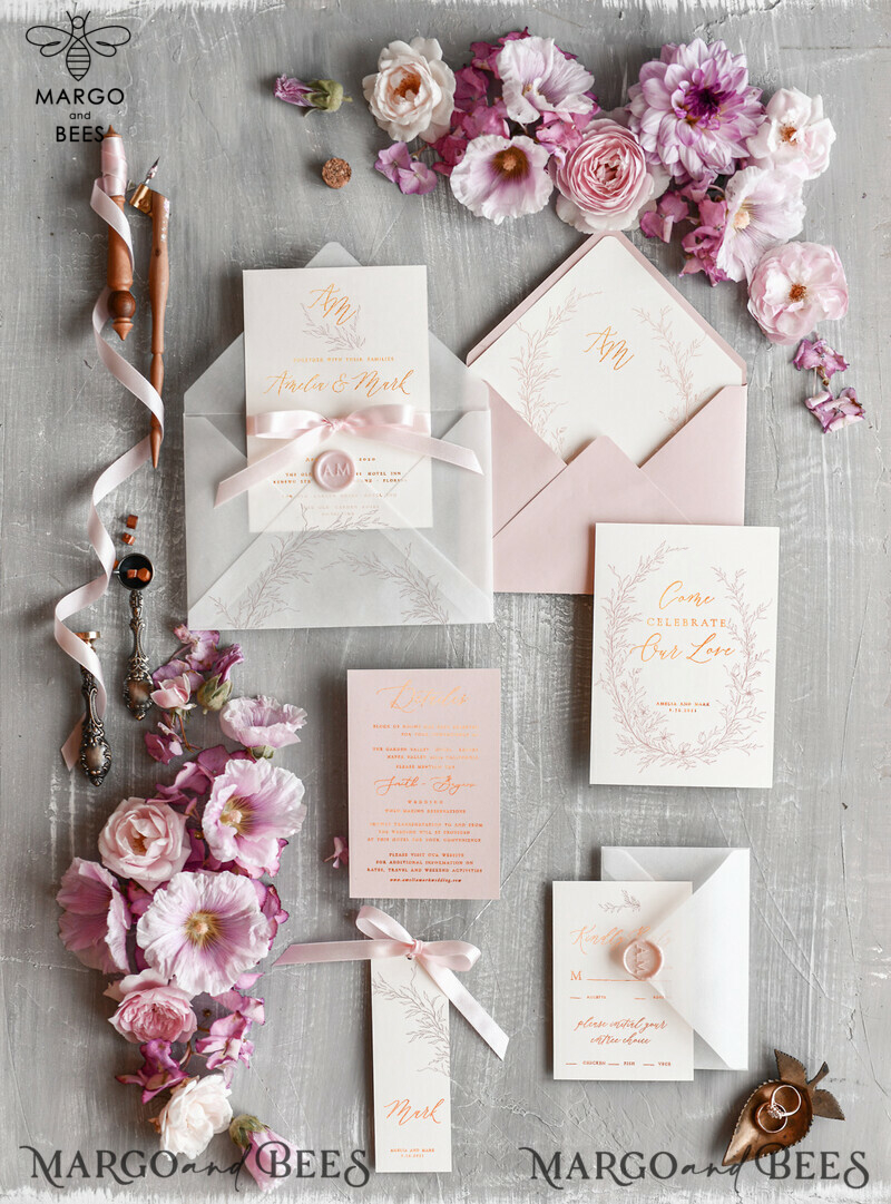 Minimalistic Blush Pink Wedding Invitations, Glamour Gold Foil Wedding Invites, Luxury Golden Shine Wedding Cards, Romantic Floral Wedding Invitation Suite-0