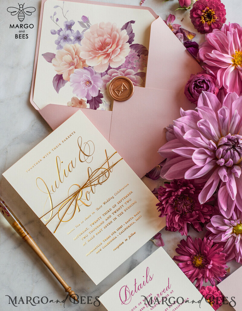 Romantic Blush Pink Wedding Invites, Golden Shine Wedding Invitation Suite, Glamour Floral Wedding Invitations, Luxury Gold Foil Wedding Cards-1