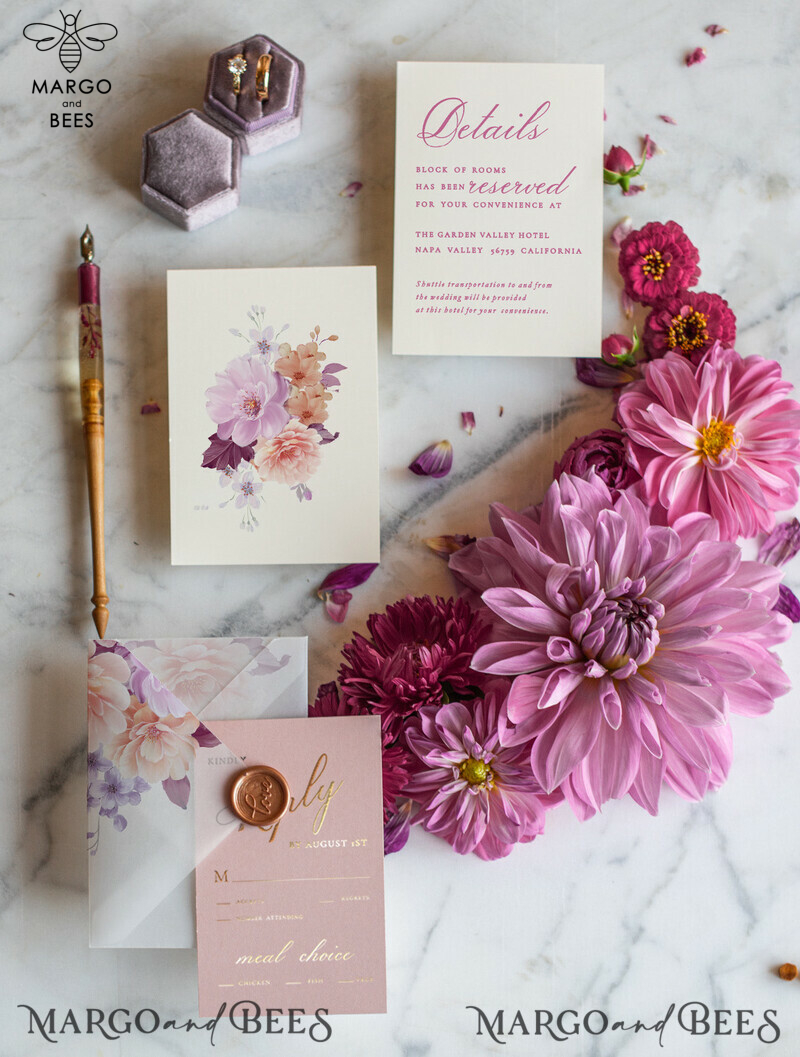 Luxury Golden Shine: Romantic Blush Pink Wedding Invites with Glamour Floral Touch-10