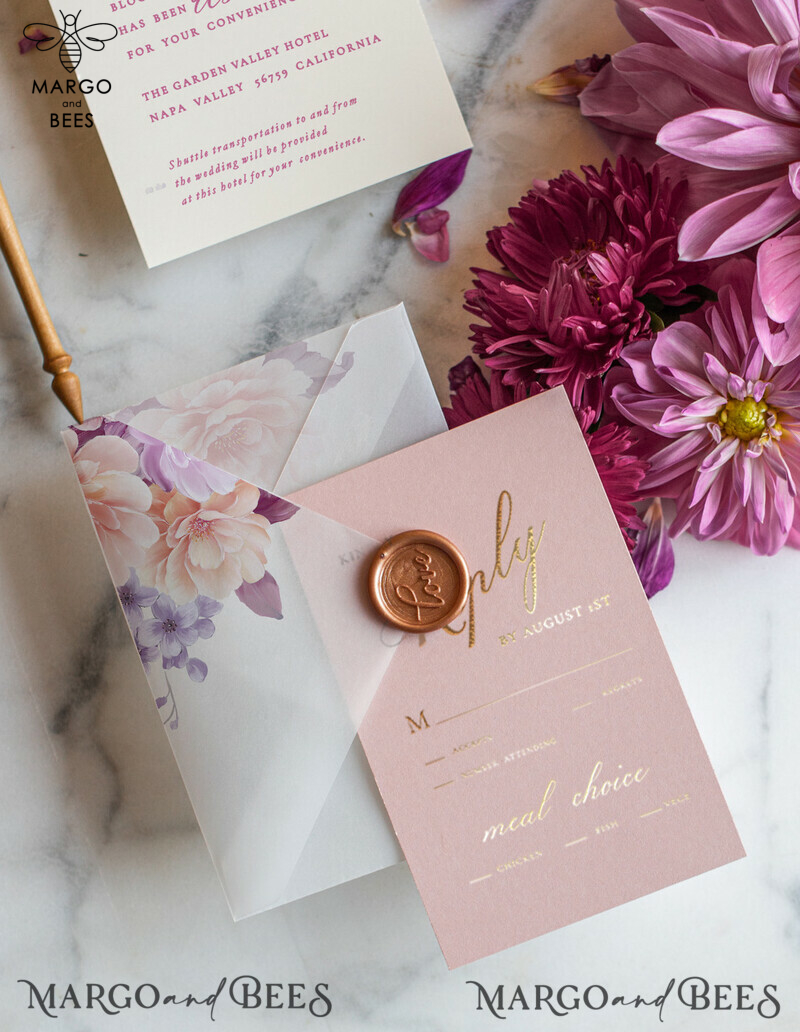 Romantic Blush Pink Wedding Invites, Golden Shine Wedding Invitation Suite, Glamour Floral Wedding Invitations, Luxury Gold Foil Wedding Cards-11