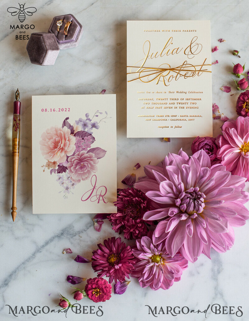 Romantic Blush Pink Wedding Invites, Golden Shine Wedding Invitation Suite, Glamour Floral Wedding Invitations, Luxury Gold Foil Wedding Cards-2