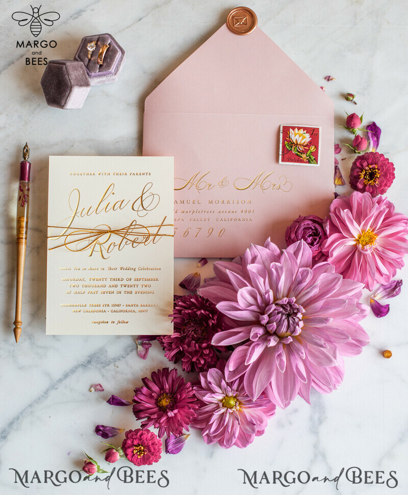 Luxury Golden Shine: Romantic Blush Pink Wedding Invites with Glamour Floral Touch-4