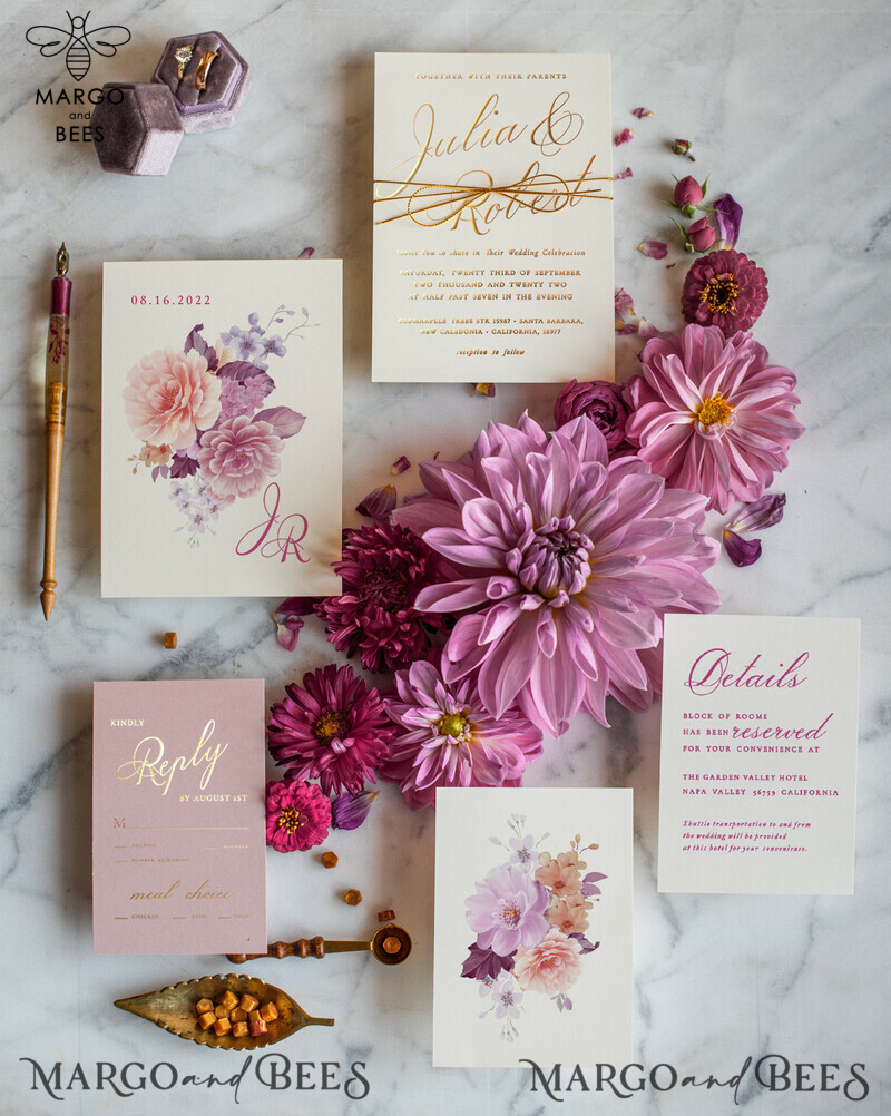 Romantic Blush Pink Wedding Invites, Golden Shine Wedding Invitation Suite, Glamour Floral Wedding Invitations, Luxury Gold Foil Wedding Cards-5
