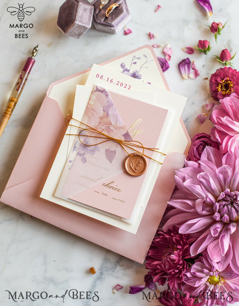 Luxury Golden Shine: Romantic Blush Pink Wedding Invites with Glamour Floral Touch-7