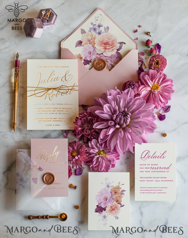 Romantic Blush Pink Wedding Invites, Golden Shine Wedding Invitation Suite, Glamour Floral Wedding Invitations, Luxury Gold Foil Wedding Cards-0