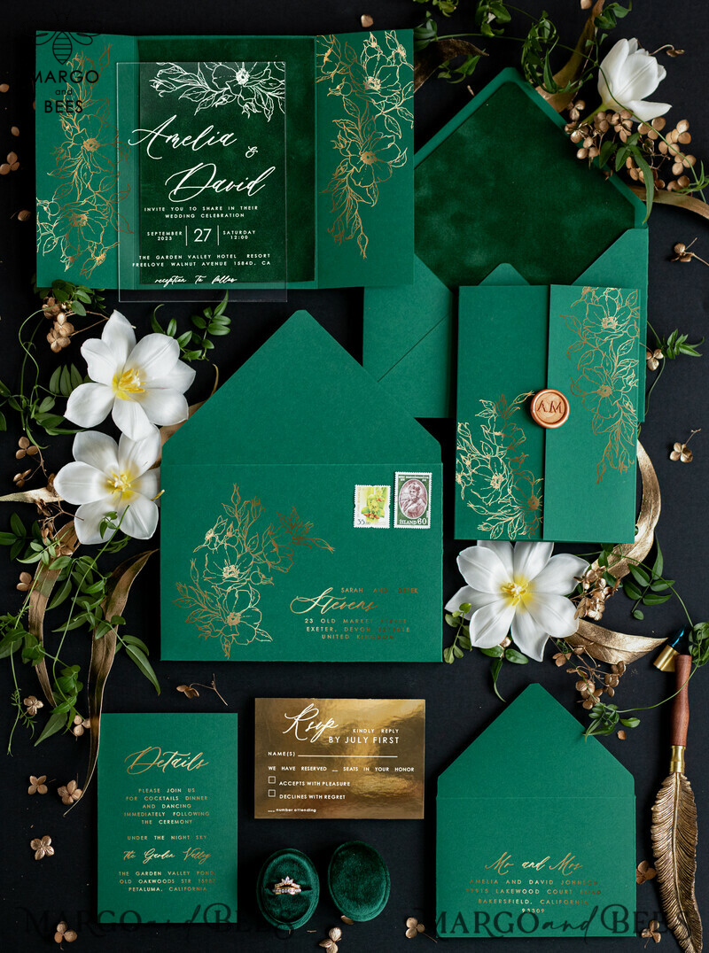 Luxury Green Velvet Wedding Invitations, Bespoke Plexi Acrylic Wedding Invitation Suite, Glamour Gold Foil Wedding Invites, Elegant Golden Greenery Wedding Invites-3