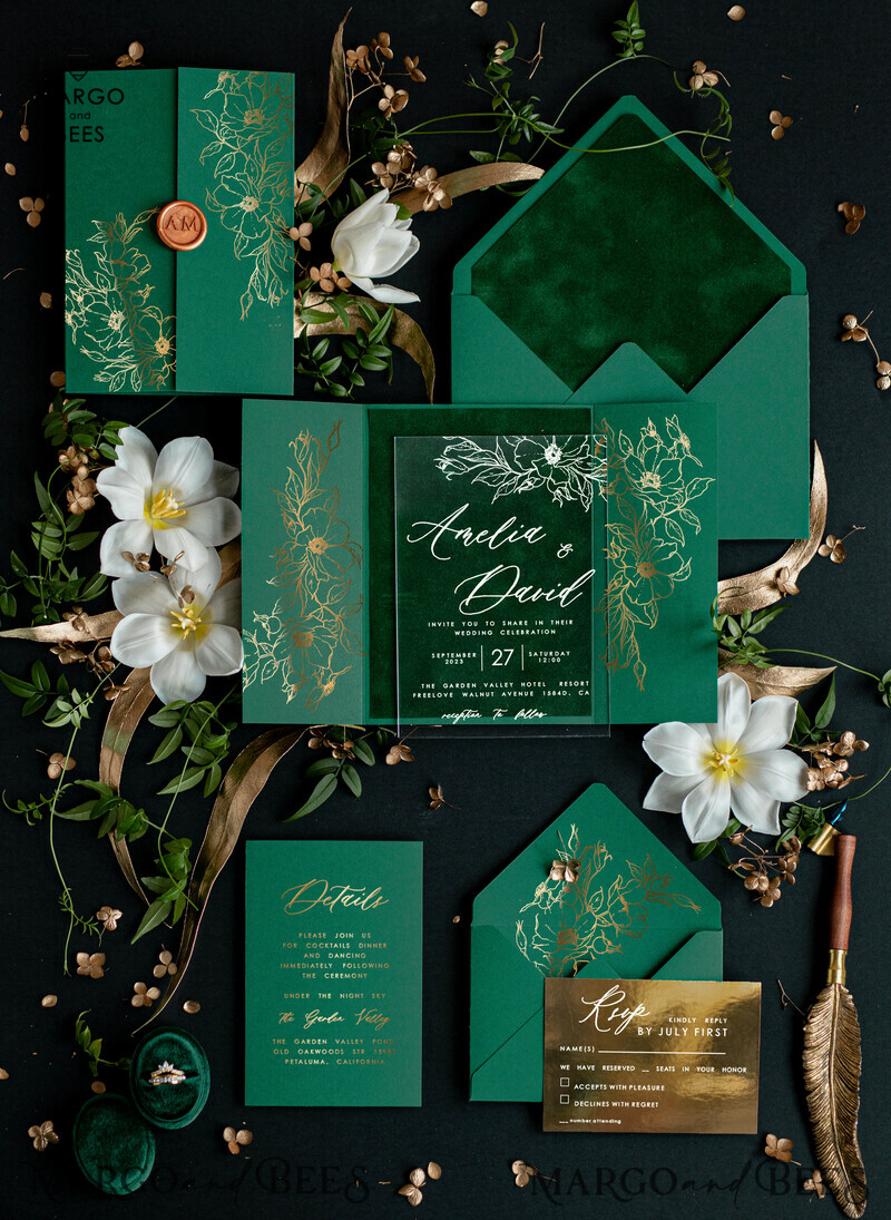 Luxury Green Velvet Wedding Invitations, Bespoke Plexi Acrylic Wedding Invitation Suite, Glamour Gold Foil Wedding Invites, Elegant Golden Greenery Wedding Invites-0