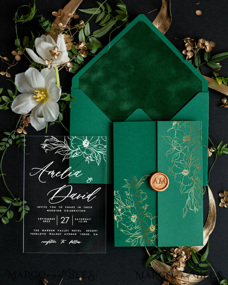Luxury Green Velvet Wedding Invitations, Bespoke Plexi Acrylic Wedding Invitation Suite, Glamour Gold Foil Wedding Invites, Elegant Golden Greenery Wedding Invites-2