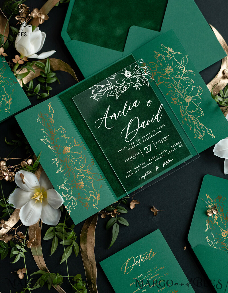 Luxury Green Velvet Wedding Invitations, Bespoke Plexi Acrylic Wedding Invitation Suite, Glamour Gold Foil Wedding Invites, Elegant Golden Greenery Wedding Invites-1