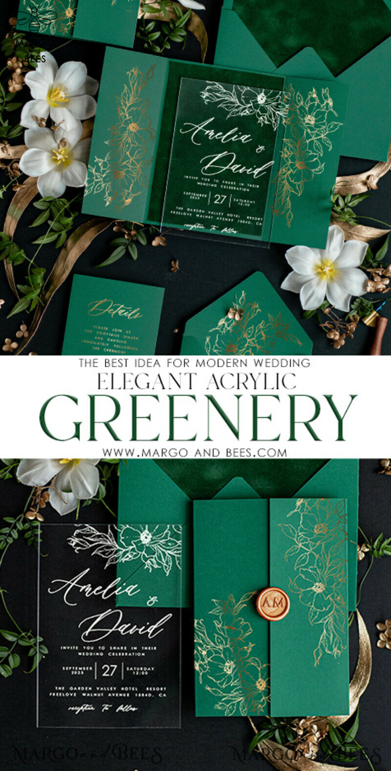 Design your Dream Wedding with Luxury Green Velvet Wedding Invitations and Glamour Gold Foil Accents-3