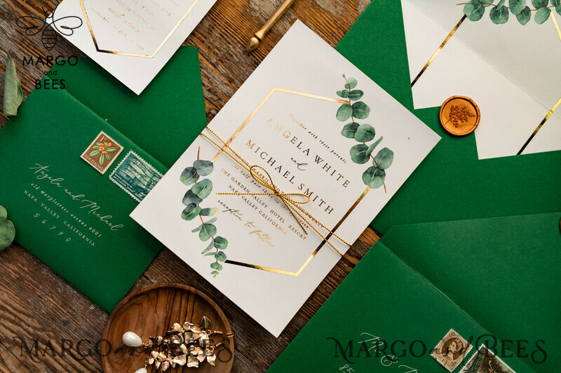 Stylish and Sophisticated: Elegant Eucalyptus Wedding Invitations with Glamour Golden Wedding Cards-1