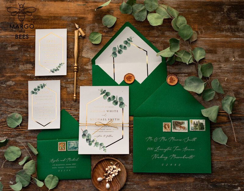 White and green wedding invitation with geometric design and gold lettering and twine-10