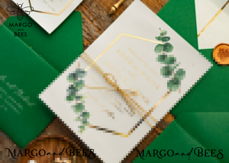 White and green wedding invitation with geometric design and gold lettering and twine-11