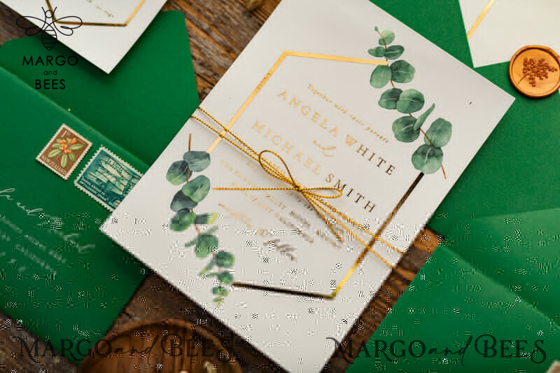 Stylish and Sophisticated: Elegant Eucalyptus Wedding Invitations with Glamour Golden Wedding Cards-13