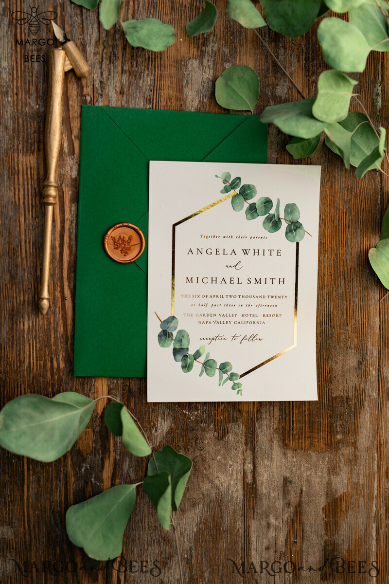 White and green wedding invitation with geometric design and gold lettering and twine-14