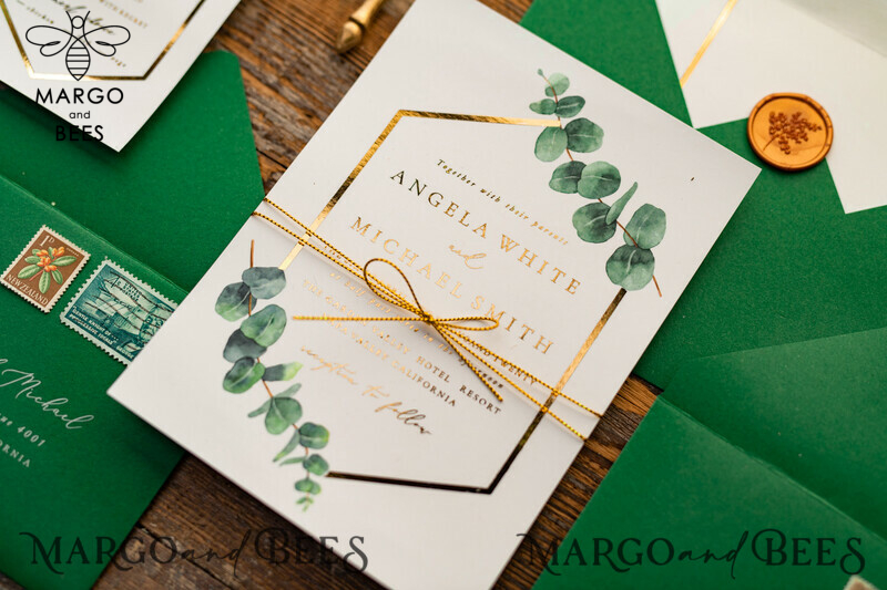 White and green wedding invitation with geometric design and gold lettering and twine-16