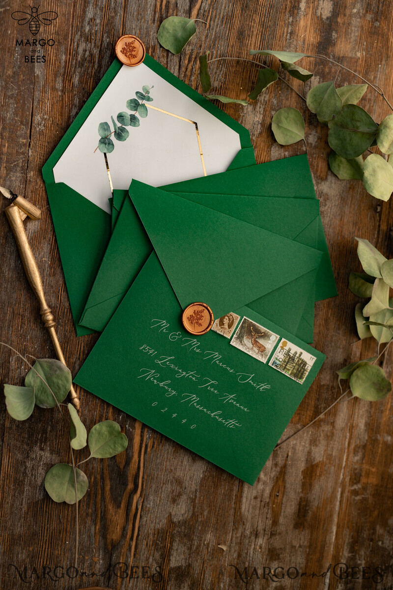 White and green wedding invitation with geometric design and gold lettering and twine-17