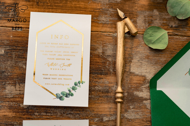 Stylish and Sophisticated: Elegant Eucalyptus Wedding Invitations with Glamour Golden Wedding Cards-18