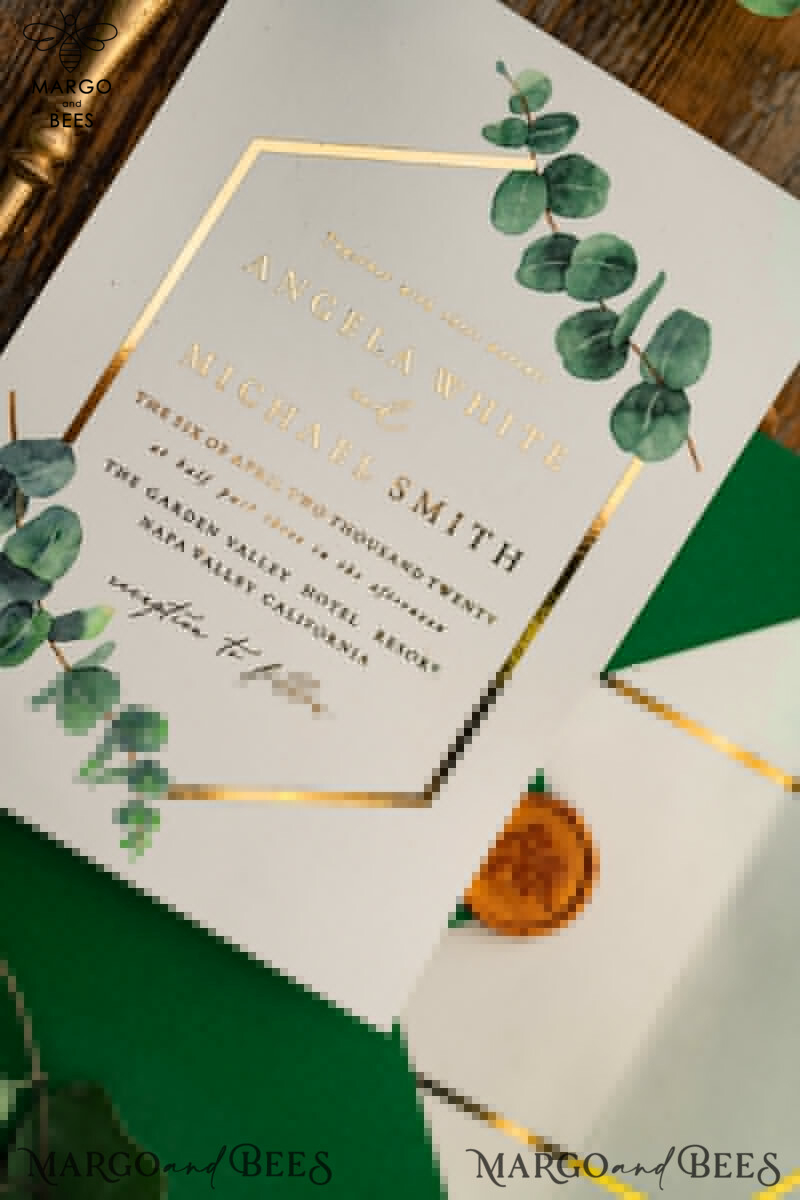 Stylish and Sophisticated: Elegant Eucalyptus Wedding Invitations with Glamour Golden Wedding Cards-19