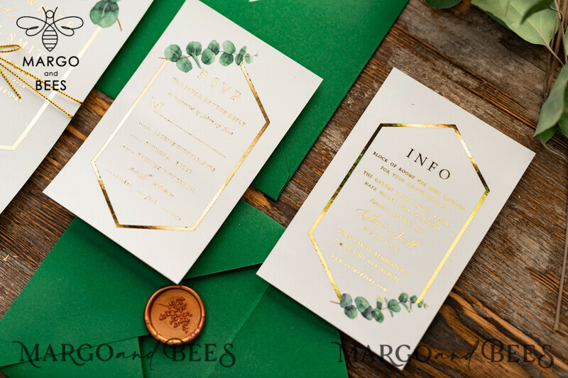 Stylish and Sophisticated: Elegant Eucalyptus Wedding Invitations with Glamour Golden Wedding Cards-20