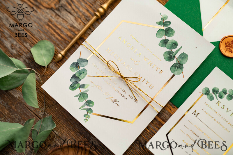 White and green wedding invitation with geometric design and gold lettering and twine-22