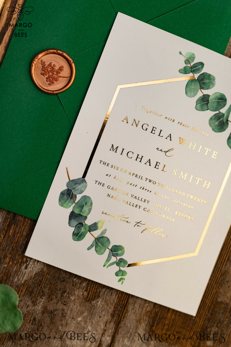 Stylish and Sophisticated: Elegant Eucalyptus Wedding Invitations with Glamour Golden Wedding Cards-23