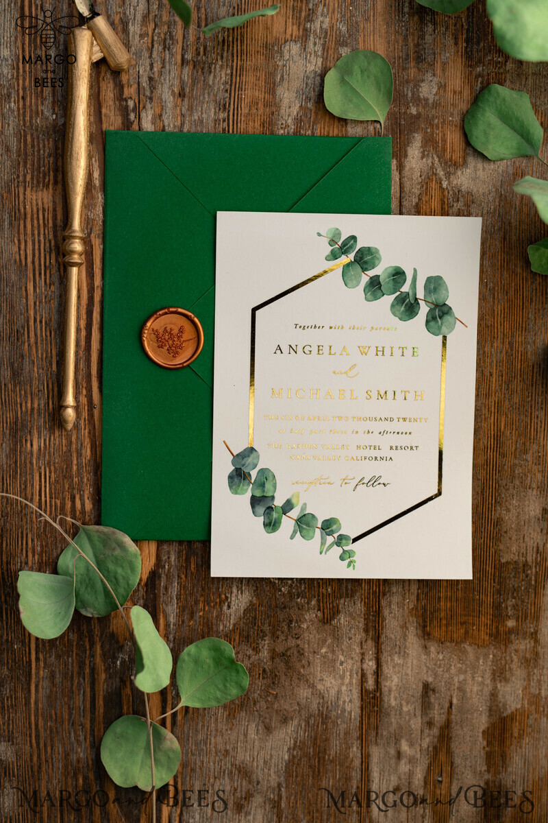 White and green wedding invitation with geometric design and gold lettering and twine-24