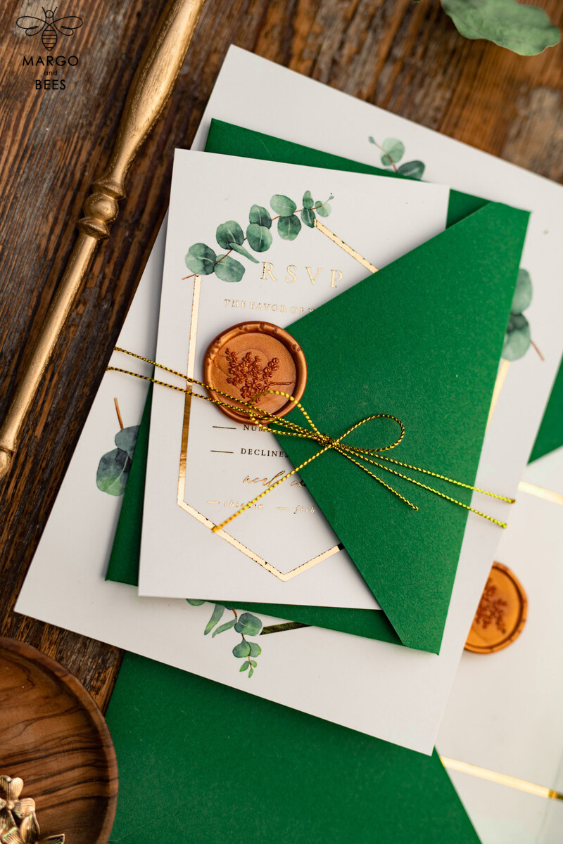Stylish and Sophisticated: Elegant Eucalyptus Wedding Invitations with Glamour Golden Wedding Cards-25