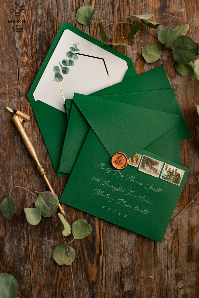 White and green wedding invitation with geometric design and gold lettering and twine-26