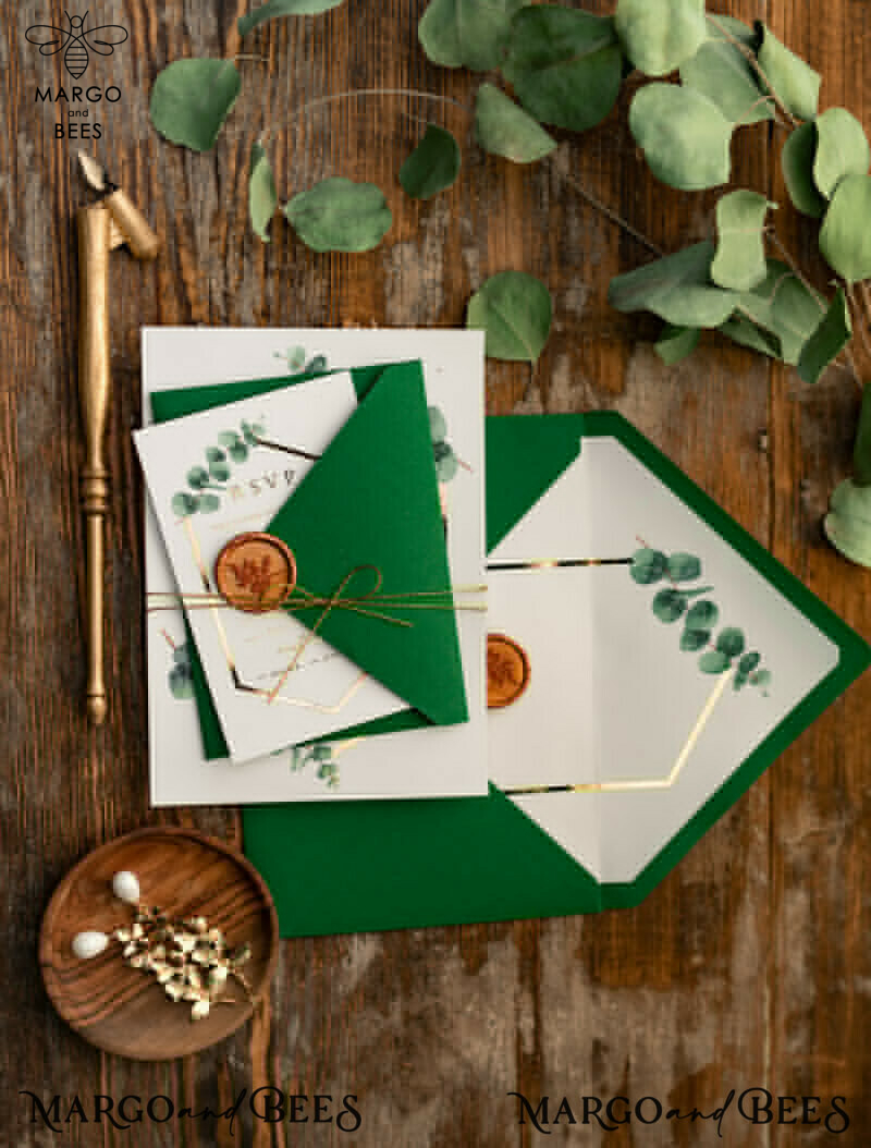 Elegant Eucalyptus Wedding Invitations: Glamour and Gold with a Touch of Greenery-27