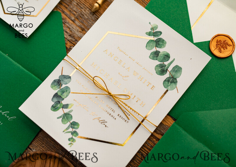 Stylish and Sophisticated: Elegant Eucalyptus Wedding Invitations with Glamour Golden Wedding Cards-29