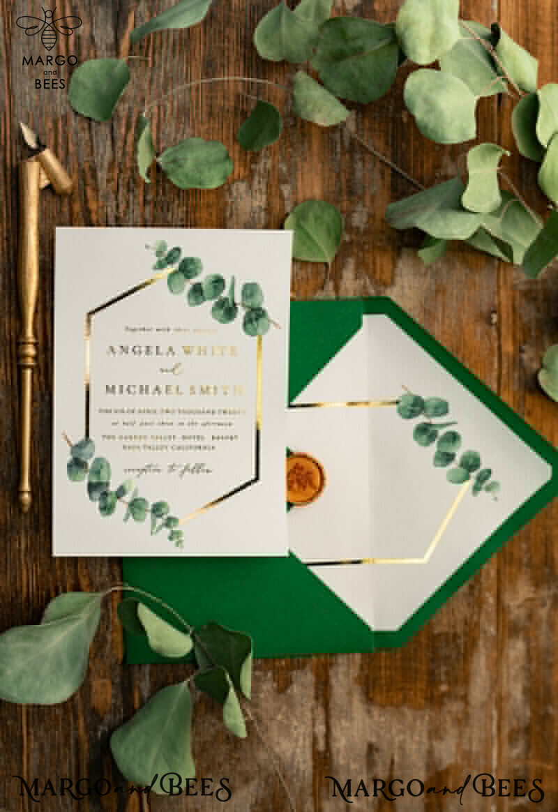 Stylish and Sophisticated: Elegant Eucalyptus Wedding Invitations with Glamour Golden Wedding Cards-31