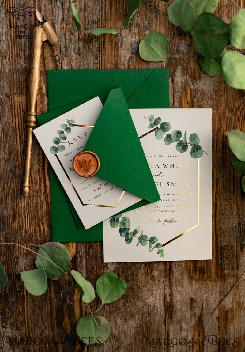 Stylish and Sophisticated: Elegant Eucalyptus Wedding Invitations with Glamour Golden Wedding Cards-32
