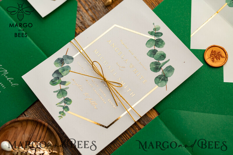 Elegant Eucalyptus Wedding Invitations: Glamour and Gold with a Touch of Greenery-5