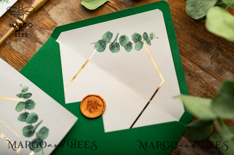 Elegant Eucalyptus Wedding Invitations: Glamour and Gold with a Touch of Greenery-7