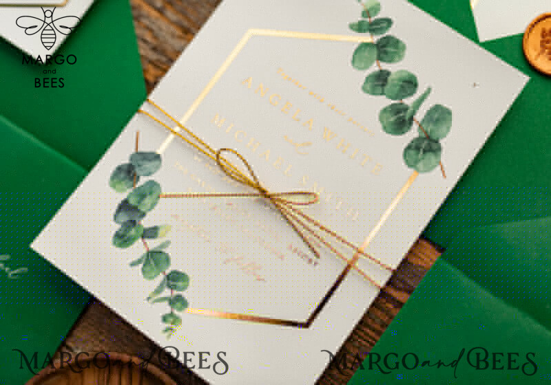White and green wedding invitation with geometric design and gold lettering and twine-8