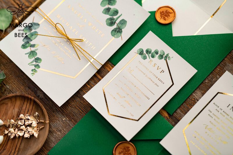 White and green wedding invitation with geometric design and gold lettering and twine-9