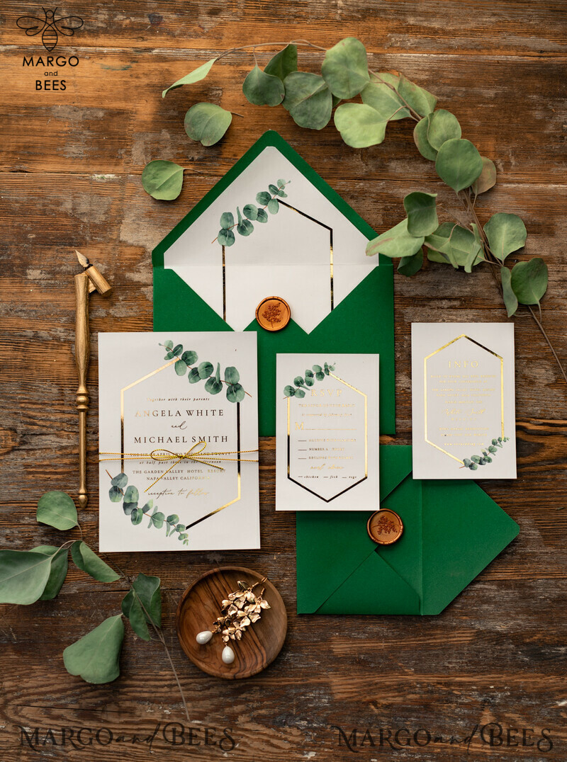 White and green wedding invitation with geometric design and gold lettering and twine-0