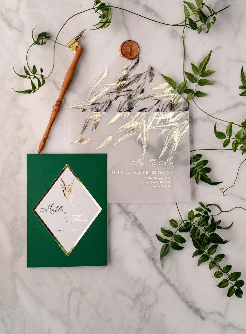 Green and Gold Luxury Wedding Invitations Eucalyptus Greenery Invites perfect for Greece Destination Wedding Cards-5