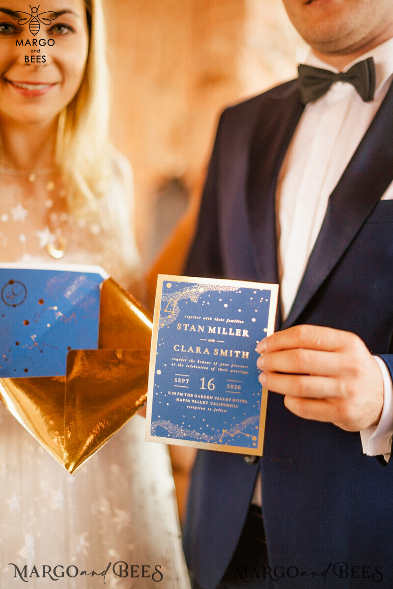  Luxury Golden Shine Wedding Invitations, Royal Navy Blue Wedding Invites, Glamour Gold Foil Wedding Cards, Elegant, Bespoke Galaxy Wedding Invitation Suite-0