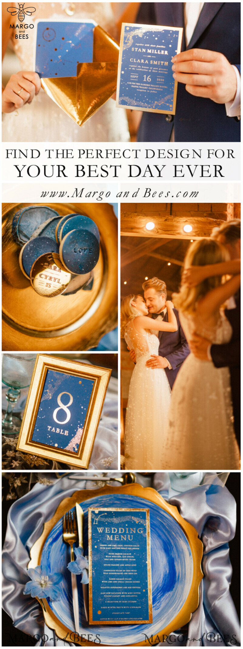 Luxury Golden Shine Wedding Invitations: Royal Navy Blue Wedding Invites with Glamour Gold Foil - Elegant and Bespoke Galaxy Wedding Invitation Suite-5