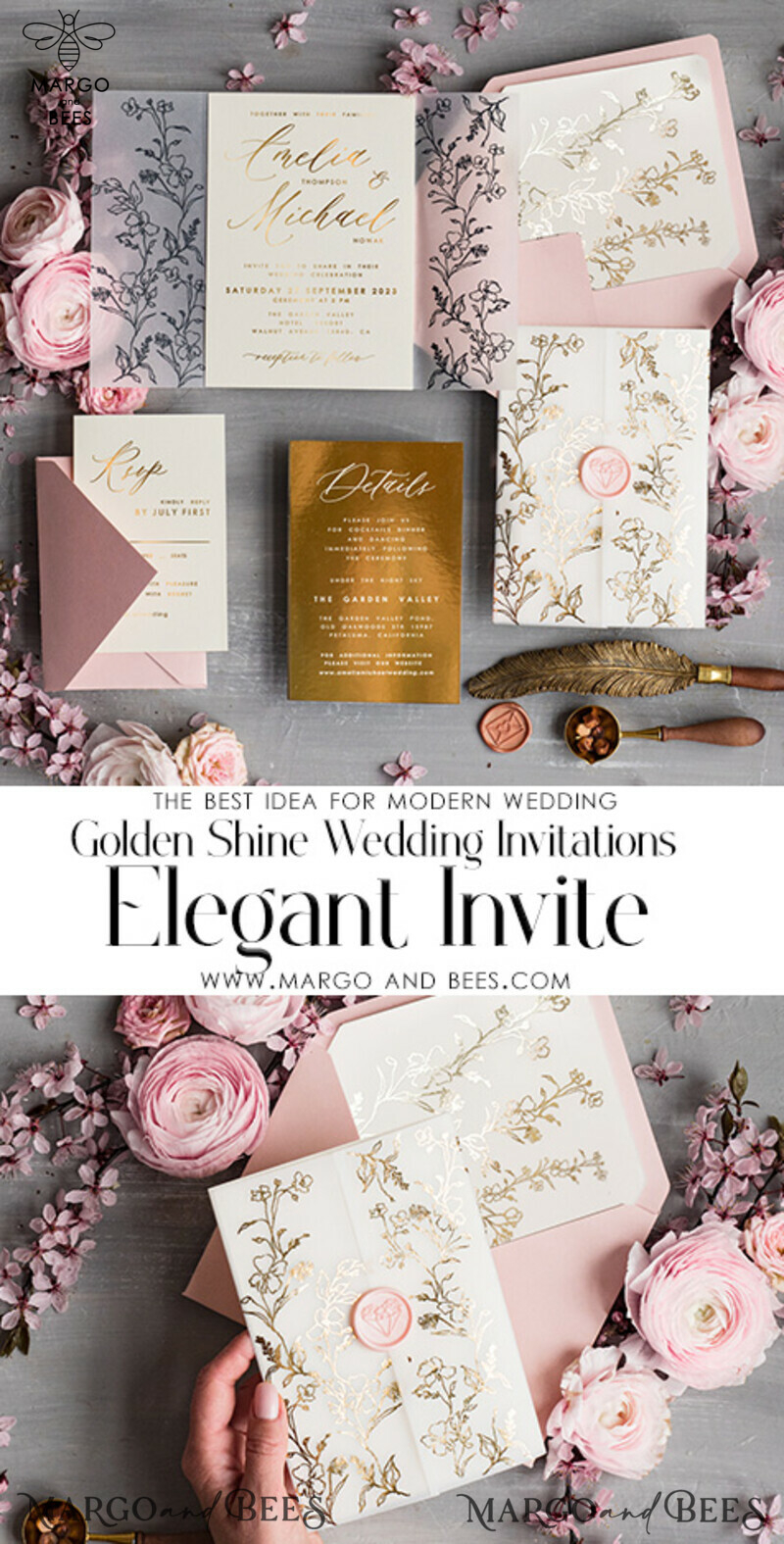 Elegant Pink and Gold Wedding Invitations: Personalised Blush Pink and Golden Wedding Invitation Suite-3
