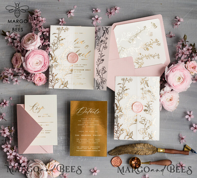 Elegant Pink and Gold Wedding Invitations: Personalised Blush Pink and Golden Wedding Invitation Suite-0