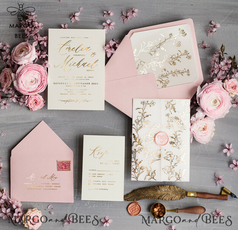 Personalised Blush Pink Wedding invitations, Golden wedding invitations, Elegant Wedding Invitation Suite, Pink Gold Wedding Invites-2